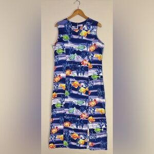 Jams World Fish Print Dress XL Blue Tropical Sleeveless Resort Maxi Luxe